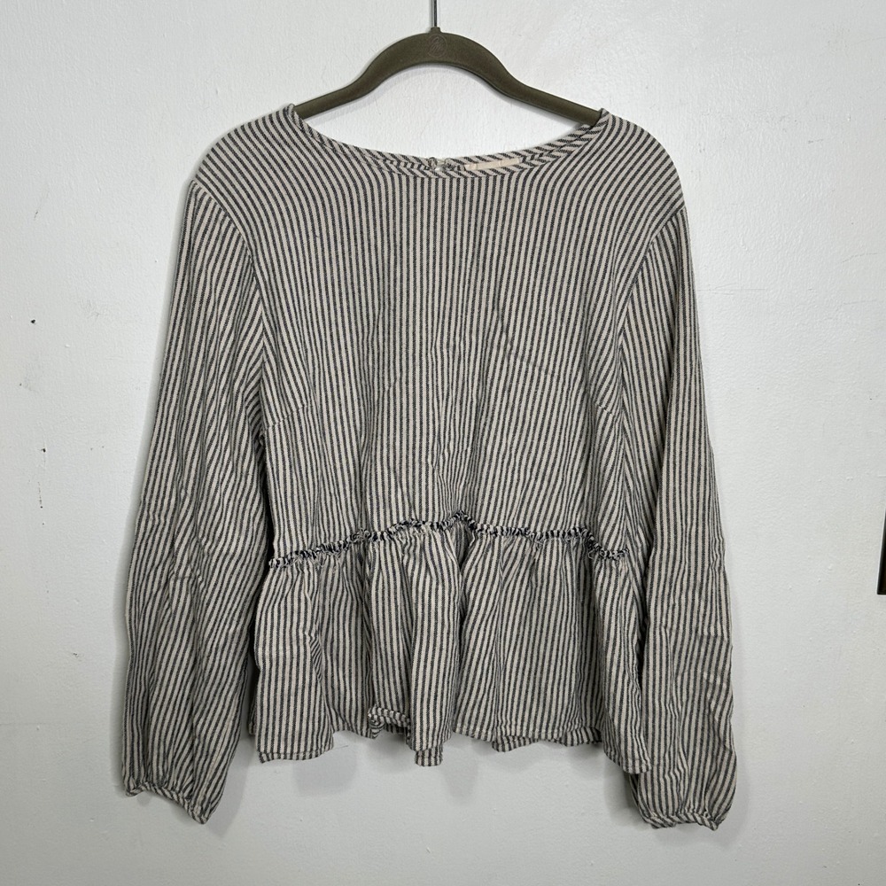Womens Navy Cream Striped Peplum Long Sleeve Blouse Nautical Large Old Money